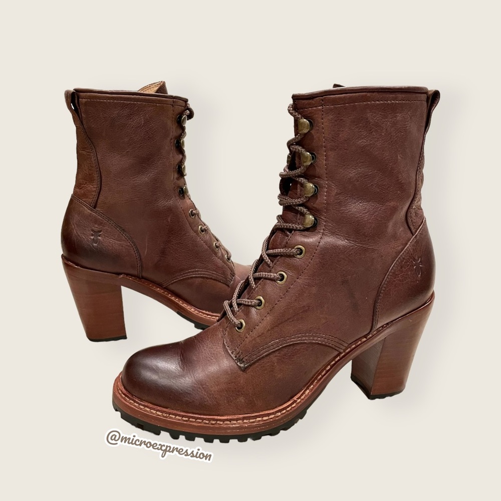 $498 Frye Lucy Vintage Lace-Up Distressed Cognac Brown Leather Heeled Ankle Boot - Picture 11 of 11
